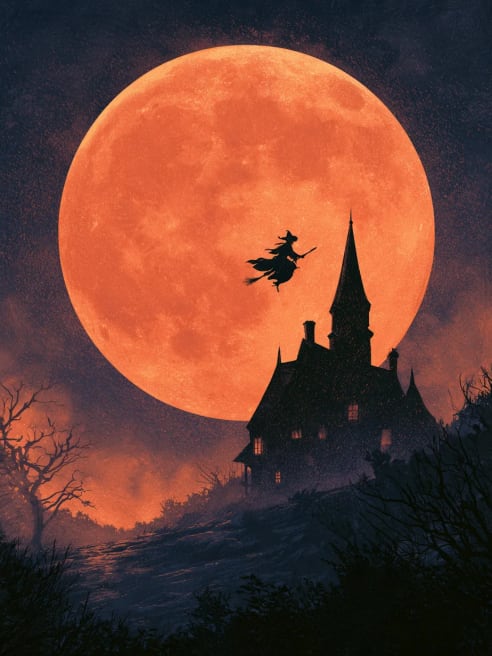Halloween Card with a Flying Witch