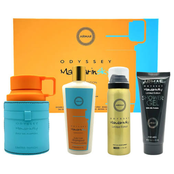Estuche Armaf Odyssey Mandarin Sky Hombre 4pzs 100ml Edp + Splash + Shampoo + Gel De Baño