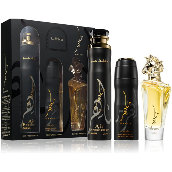 Estuche Lattafa Maahir Unisex 3pzs 100ml Edp + Splash + Spray Ambientador
