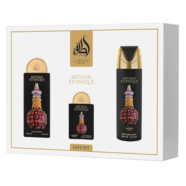 Estuche Lattafa Pride Artisan Ethnique Unisex 3pzs 100ml Edp + 20ml Edp + Splash