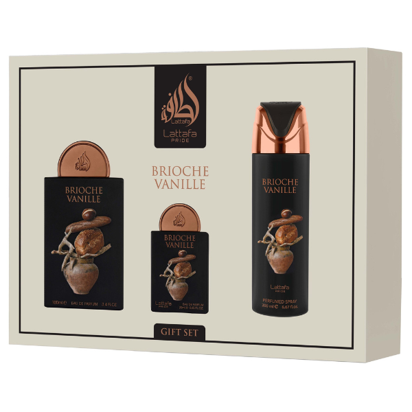 Estuche Lattafa Pride Brioche Vanille Unisex 3pzs 100ml Edp + 20ml Edp + Splash