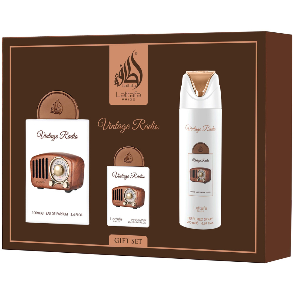 Estuche Lattafa Vintage Radio Unisex 3pzs 100ml Edp + 20ml Edp + Splash