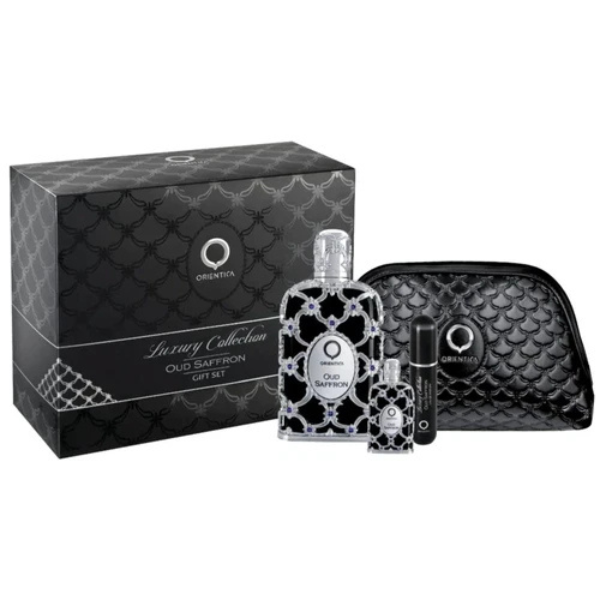 Estuche Orientica Oud Saffron Unisex 4pzs 80ml Edp + 10ml Edp + Atomizador + Cosmetiquera