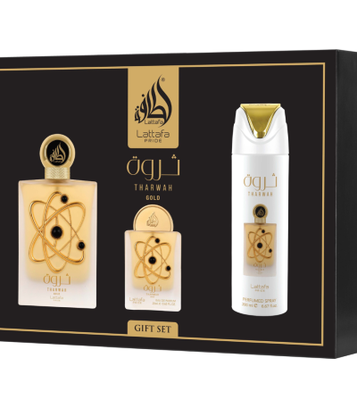 Estuche Lattafa Pride Tharwah Gold Unisex 3pzs 100ml Edp + 20ml Edp + Splash