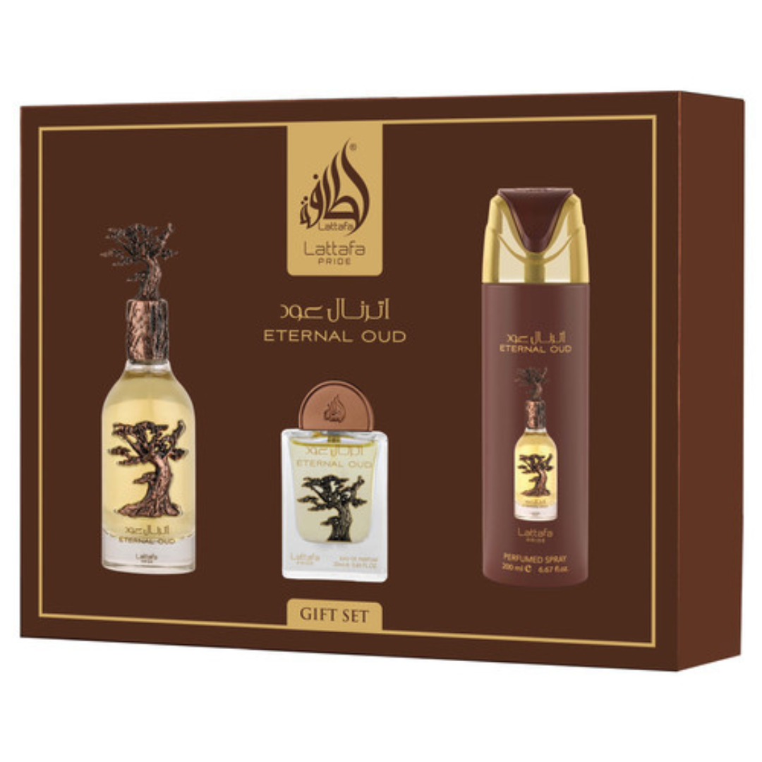 Estuche Lattafa Eternal Oud Unisex 3pzs 100ml Edp + 20ml Edp + Splash