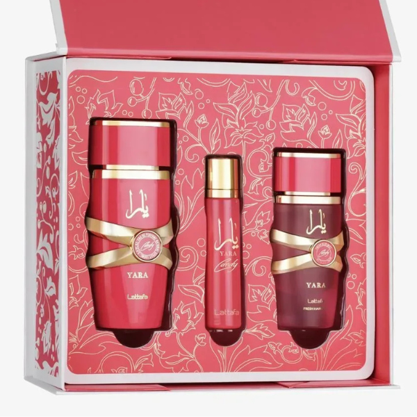 Estuche Lattafa Yara Candy Mujer 3pzs 100ml Edp + 12ml Edp + Spray De Cabello