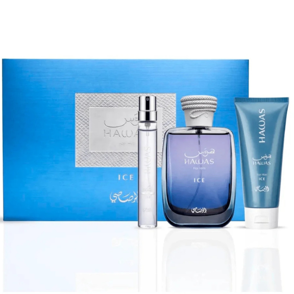 Estuche Rasasi Hawas Ice Hombre 3pzs 100ml Edp + 10ml Edp + Gel De Baño