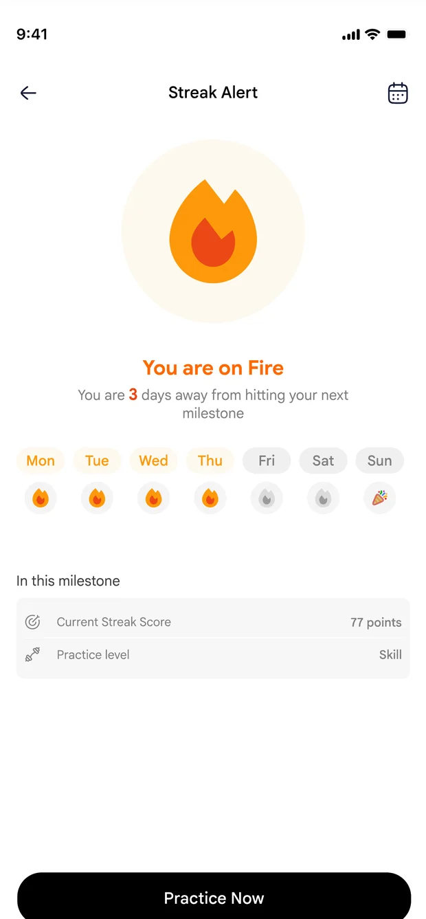 Streak alert screen showing a flame and a week of completed days