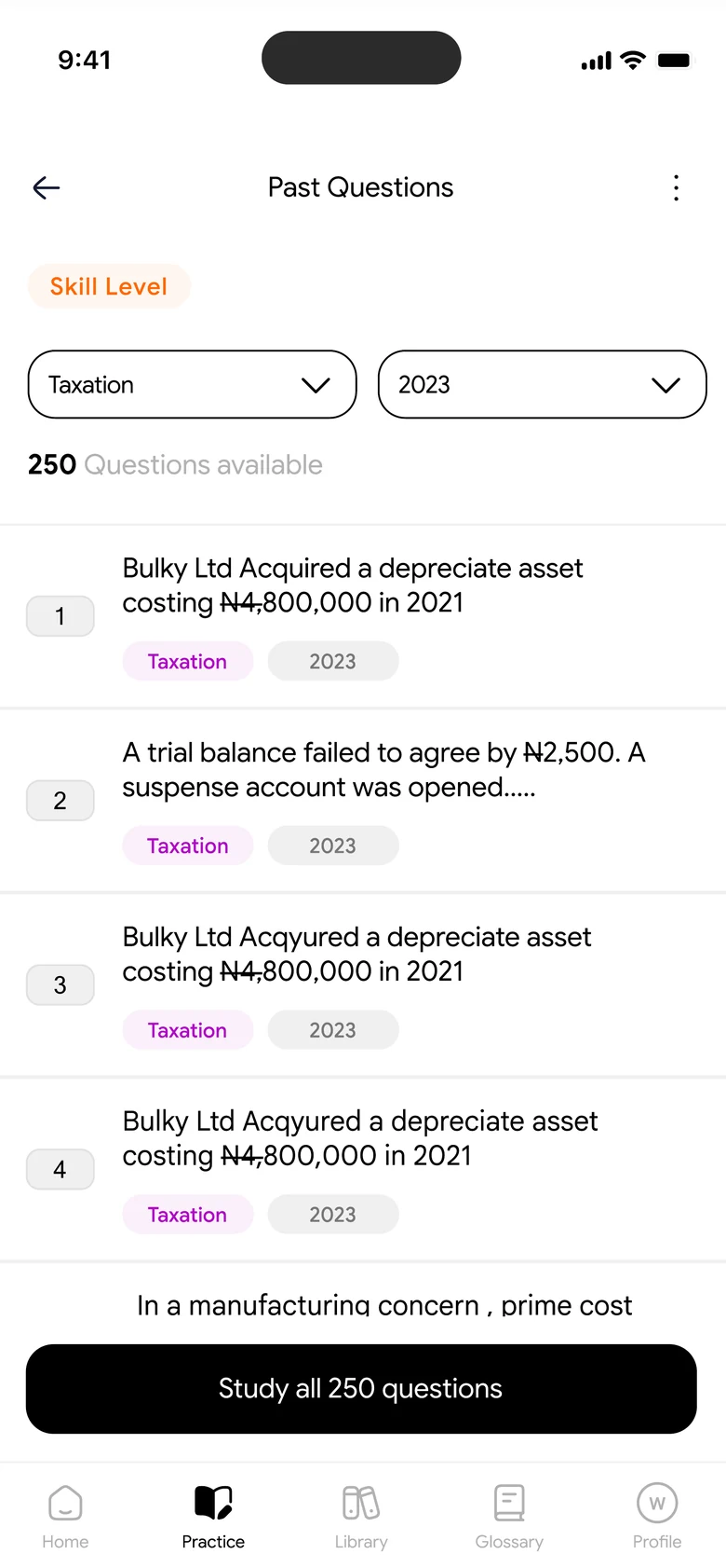 Past questions filtered to Taxation 2023 with 250 questions available