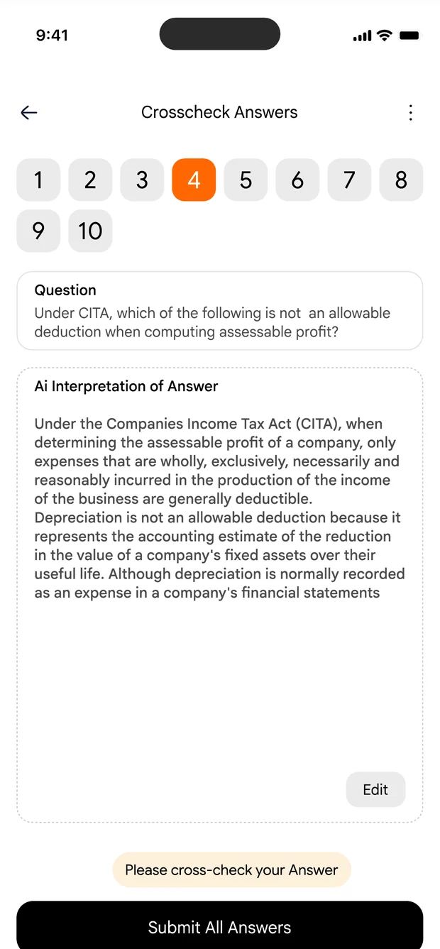 Cross check answers screen with an AI interpretation of a written answer