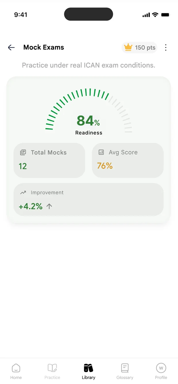 Mock exam readiness score of 84 percent