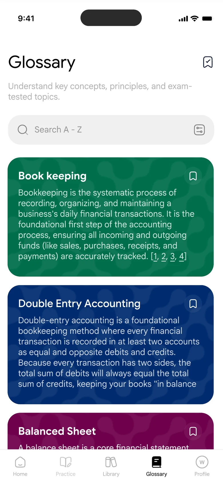 Glossary screen with definitions for bookkeeping, double entry accounting and balanced sheet