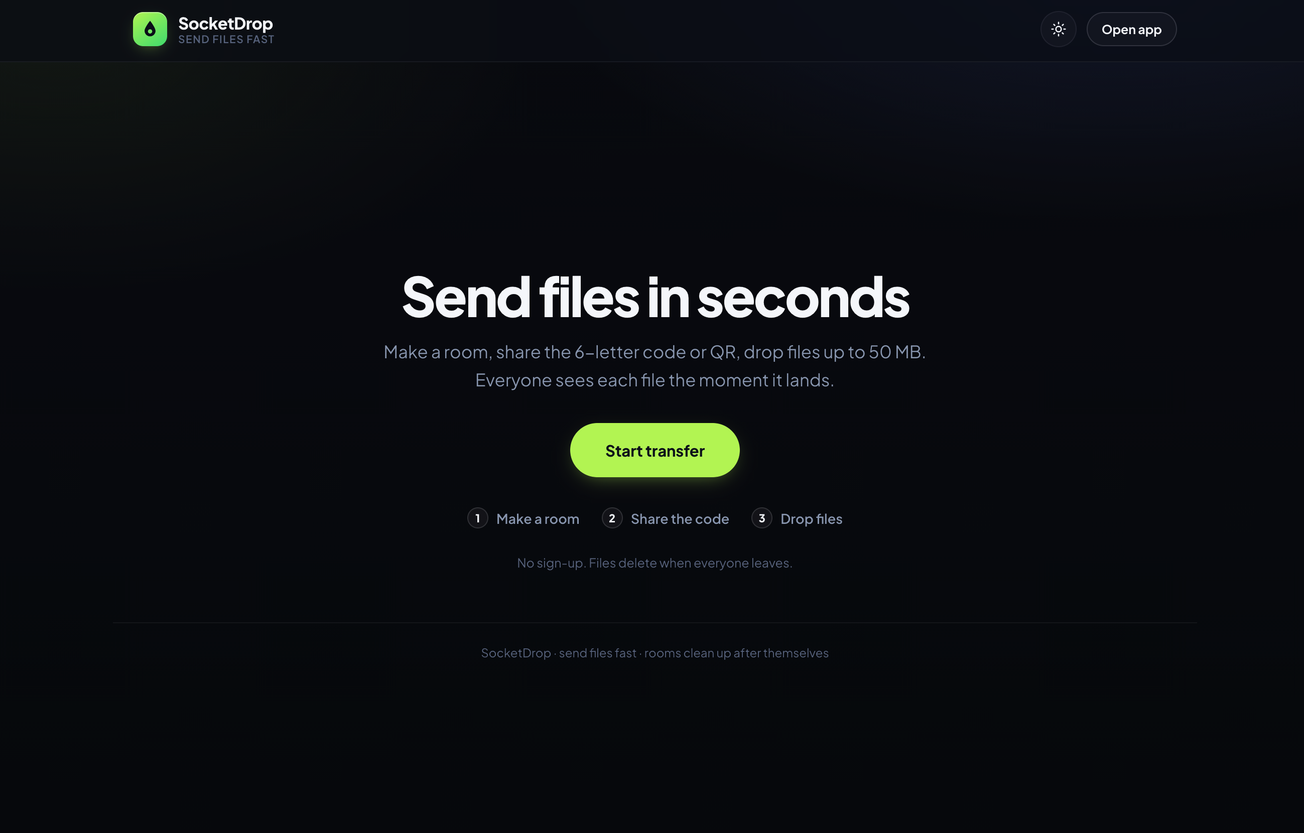SocketDrop UI preview in dark theme