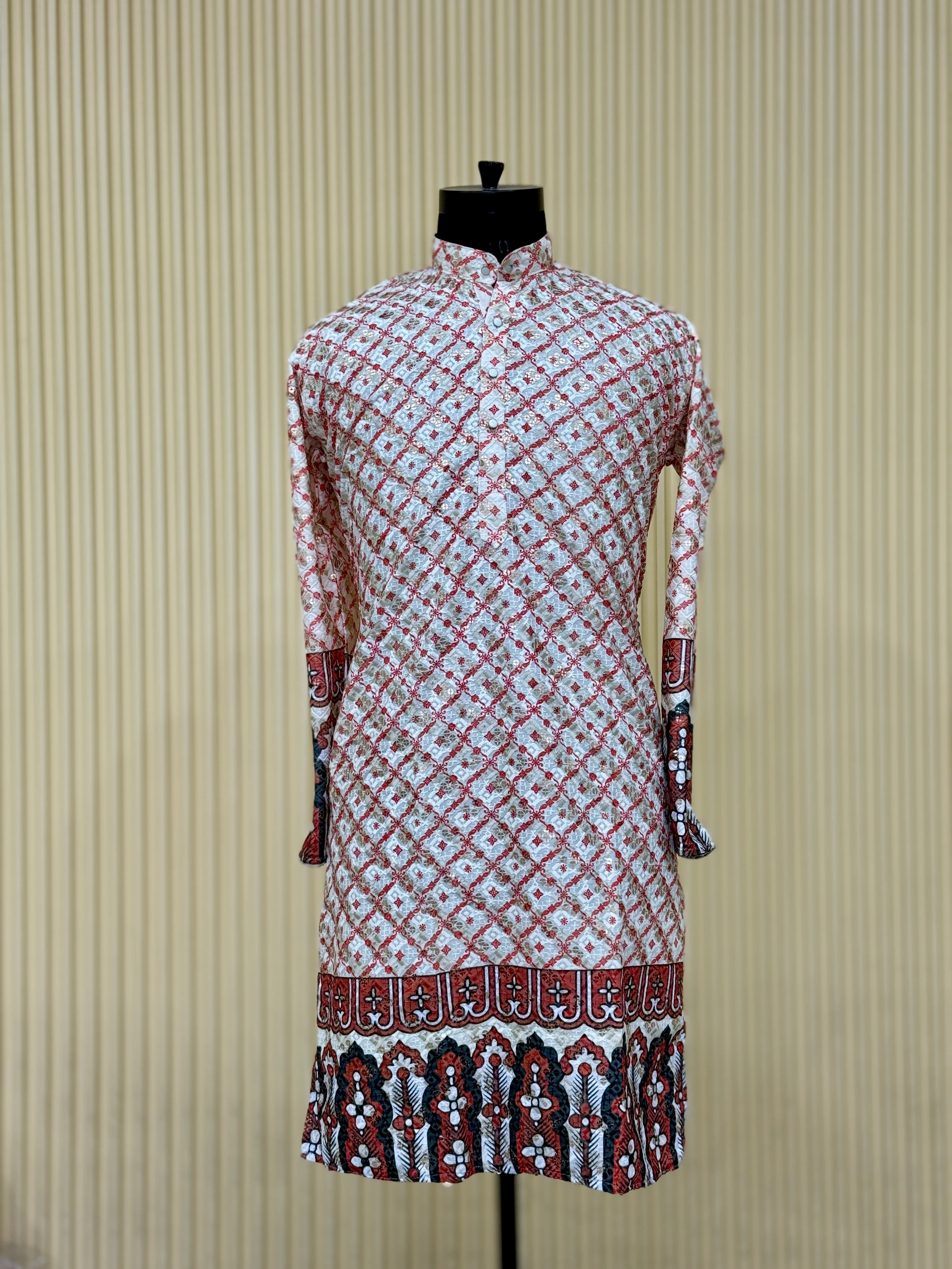 Men's Rayon Viscose Schiffli Sequence Daman Print Kurta
