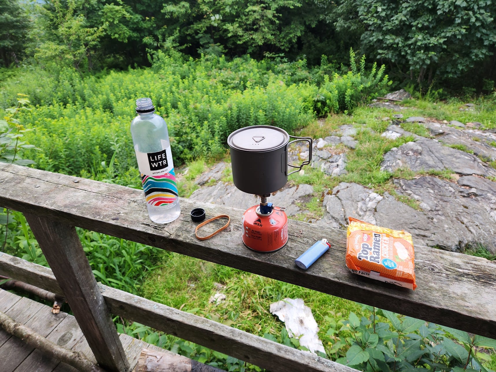 Cooking ramen dinner on the porch
