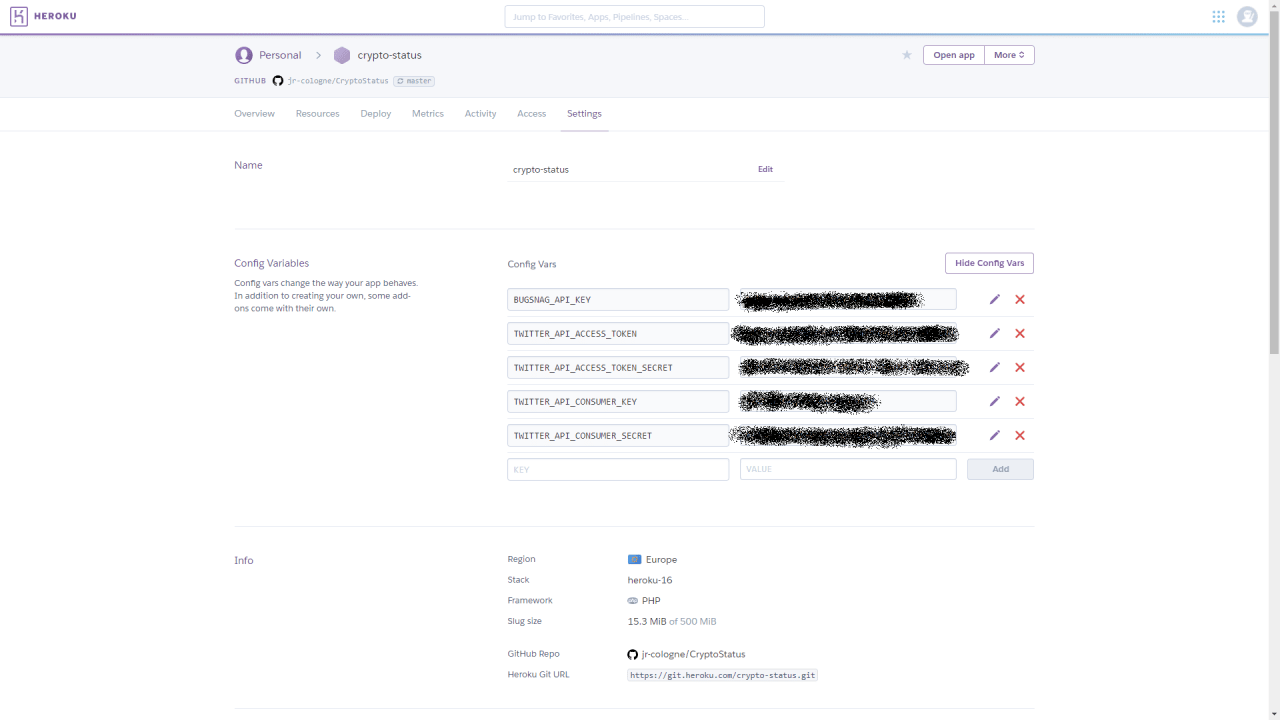 Screenshot der Heroku-App-Settings mit den Umgebungsvariablen