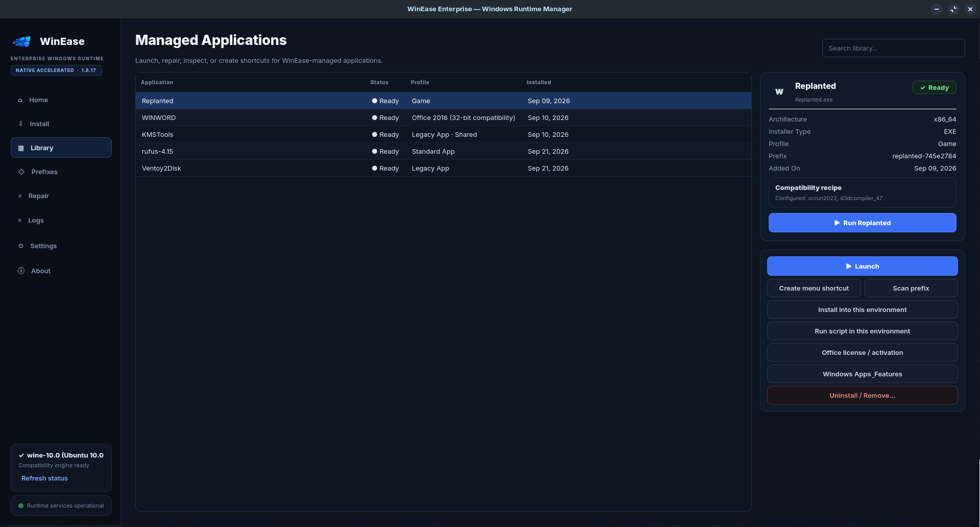WinEase Linux Windows application manager screenshot — image 6