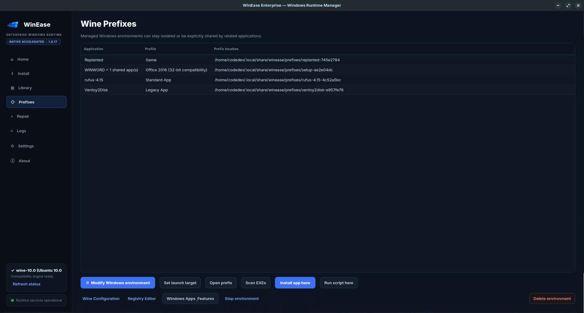 WinEase Linux Windows application manager screenshot — image 5