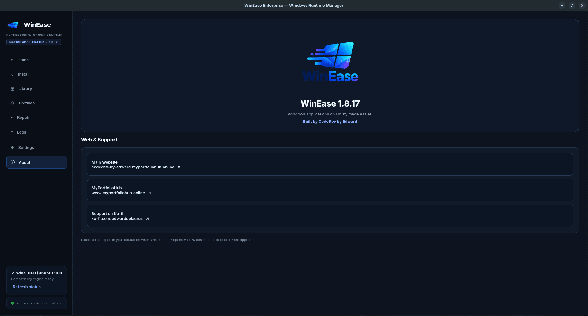 WinEase Linux Windows application manager screenshot — image 1