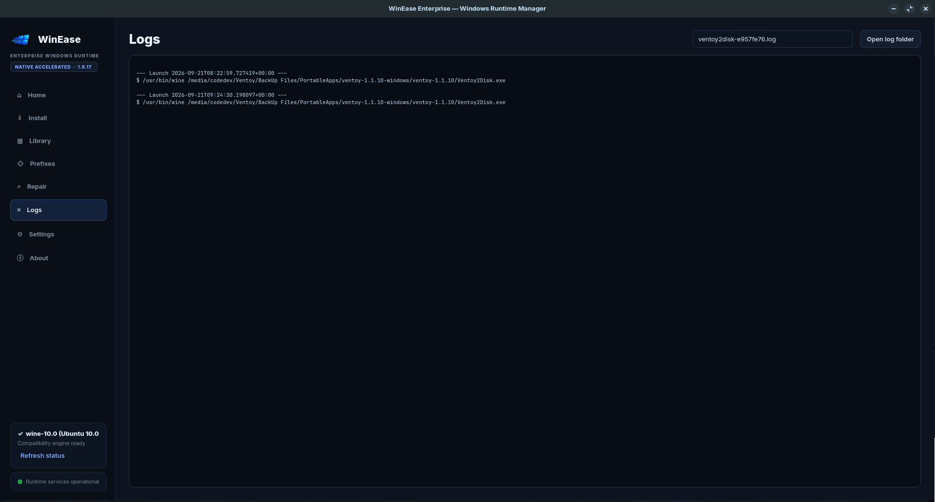 WinEase Linux Windows application manager screenshot — image 3