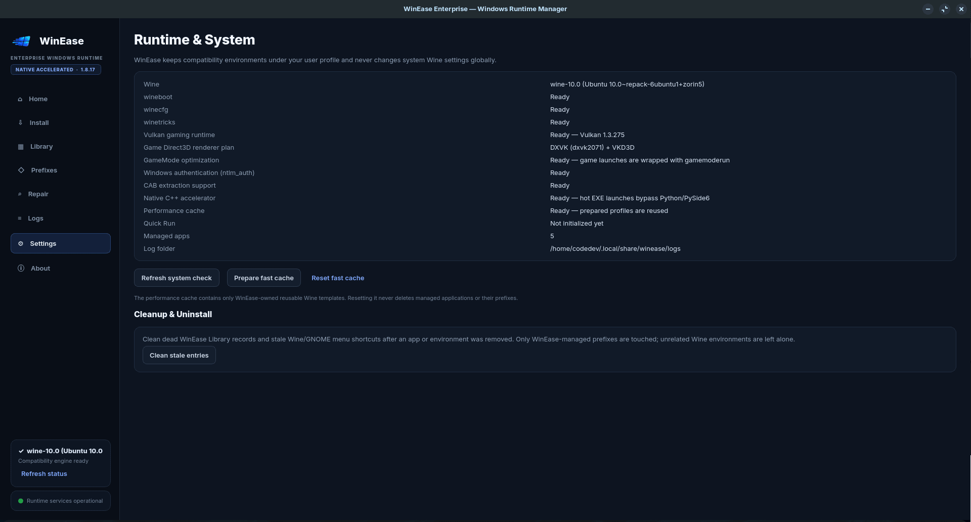 WinEase Linux Windows application manager screenshot — image 2
