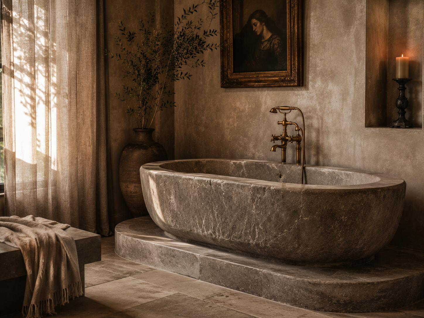 Quiet luxury bathroom interior with warm natural stone and minimal details
