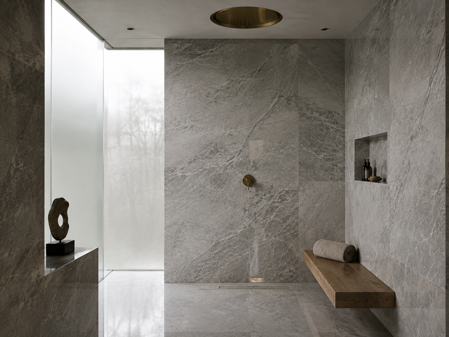 Aged oak vanity unit in a quiet luxury bathroom with stone flooring