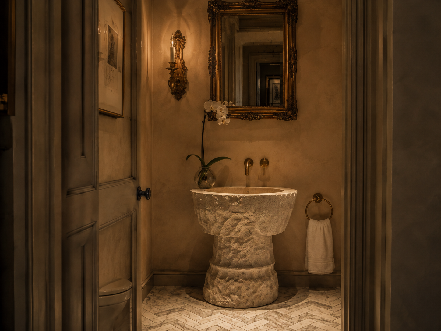 Freestanding stone bath centred in a serene minimal bathroom interior