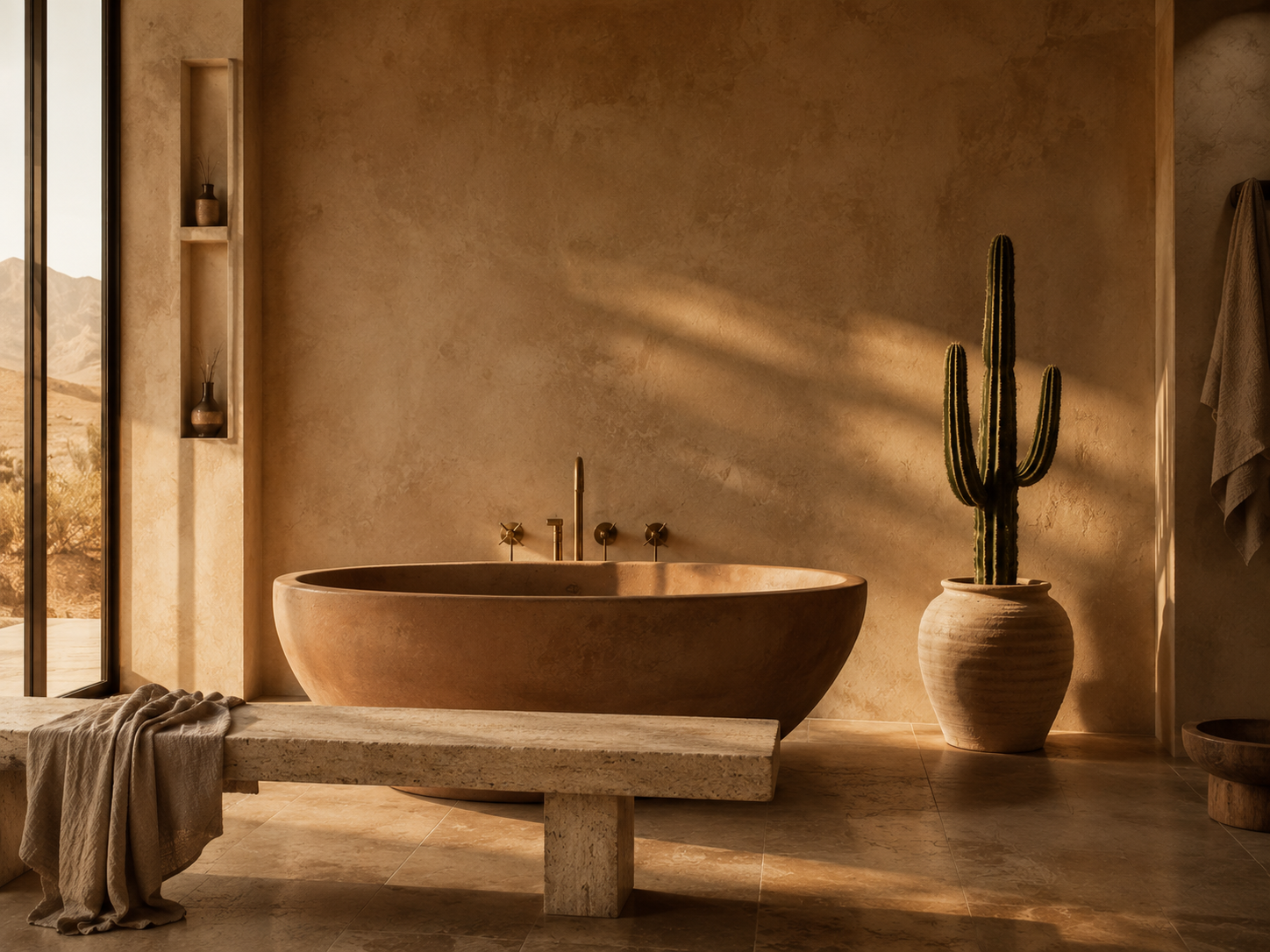 Unpolished travertine walls in a minimalist luxury bathroom