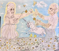 abstract drawing of two elderly people in a field of white flowers and a unicorn