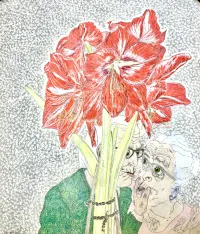 Drawing flowers in the foreground and an older couple kissing
