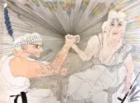 drawing of two elderly people arm-wrestling
