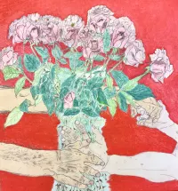 drawing of pink flowers on a red background