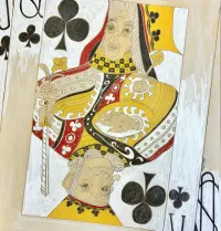 abstract drawing of a playing card that is half queen, half king