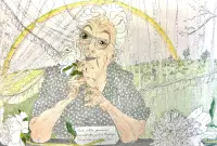 portrait of an elderly woman holding a white peony