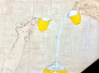 drawing of two aged hands pouring yellow cups of water