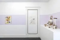 gallery installation of two drawings and seven sculptures