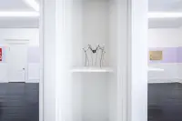 gallery installation of a spider sculpture in a closet
