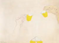 drawing of two aged hands pouring yellow cups of water