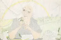 portrait of an elderly woman holding a white peony