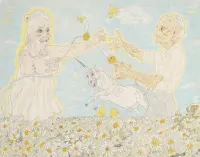 abstract drawing of two elderly people in a field of white flowers and a unicorn