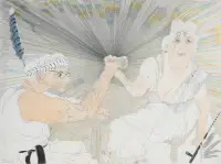 drawing of two elderly people arm-wrestling