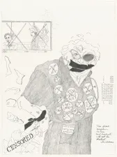 abstract drawing about censorship showing an old woman with her hands tied and mouth taped