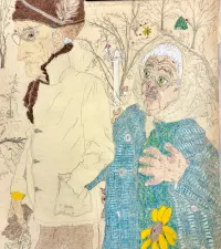 drawing of older people wearing coats and hats
