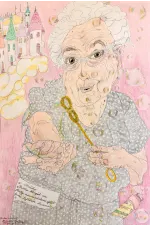 portrait of an elderly woman blowing bubbles