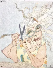 portrait of an elderly woman cutting her own hair