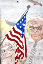 drawing of two older people saluting an American flag