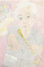 portrait of an elderly woman blowing bubbles