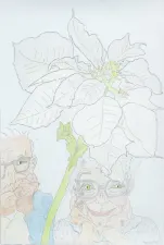 drawing of two elderly people wearing glasses and a flower
