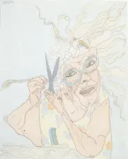 portrait of an elderly woman cutting her own hair